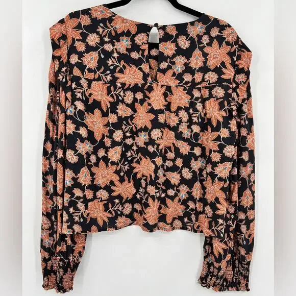 Rebecca Minkoff Floral Blouse Top Ruffle Shoulder Smocked Sleeve Flower Large - Picture 2 of 12